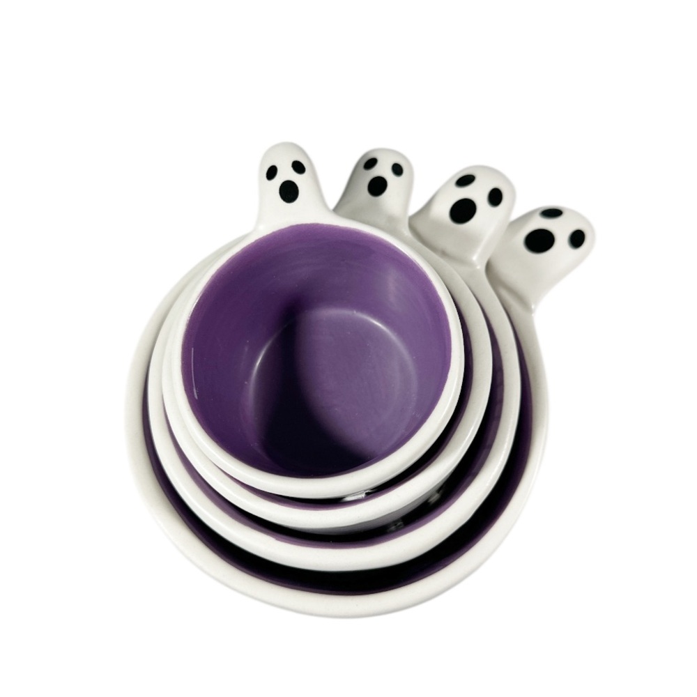 NEW Rae Dunn HALLOWEEN GHOST HANDLE MEASURING CUP Set/4 Purple Interior